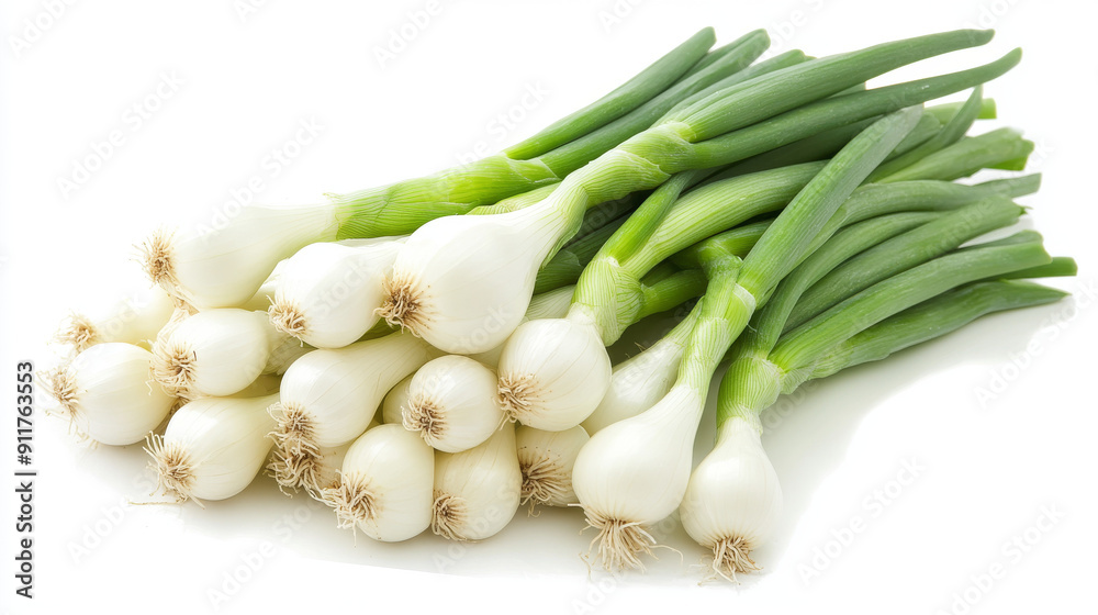 Fresh green onions with white bulbs, isolated on a white background. Fresh green onions with white bulbs, isolated on a white background.