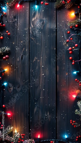 Festive wooden background with colorful Christmas lights and holiday decorations photo