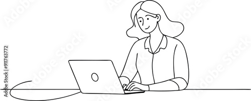 Woman Working on Laptop, Line Art Illustration