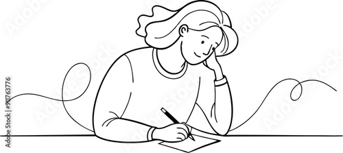 Illustration of a Woman Writing Thoughtfully at a Table