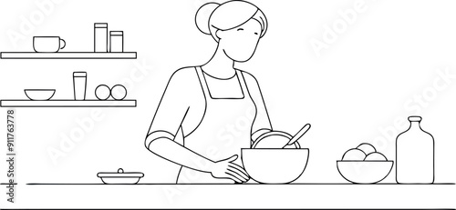 Woman Preparing Food in Kitchen Line Art Illustration
