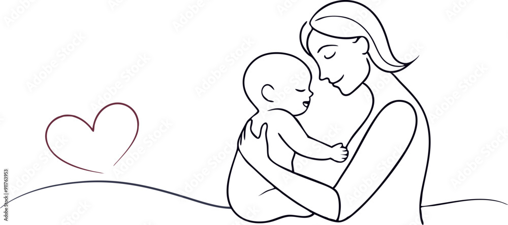 Mother and Baby Embracing Sketch with Heart Symbol Mother and Baby Embracing Sketch with Heart Symbol