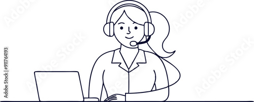 Customer Service Representative Wearing Headset and Working on Laptop