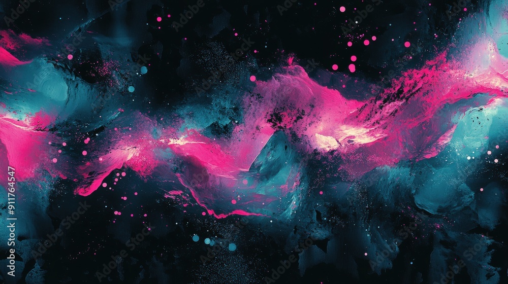 Obraz premium Abstract digital geometric art with glitchy teal and pink elements on a black background, showcasing intricate patterns and mathematical distortions