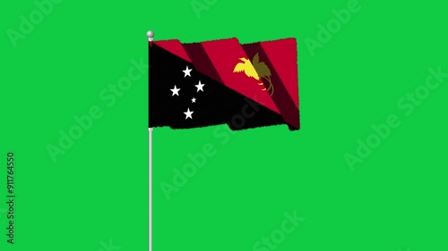 4K PAPUA NEW GUINEA flag old animation with pole waving on chroma key green screen