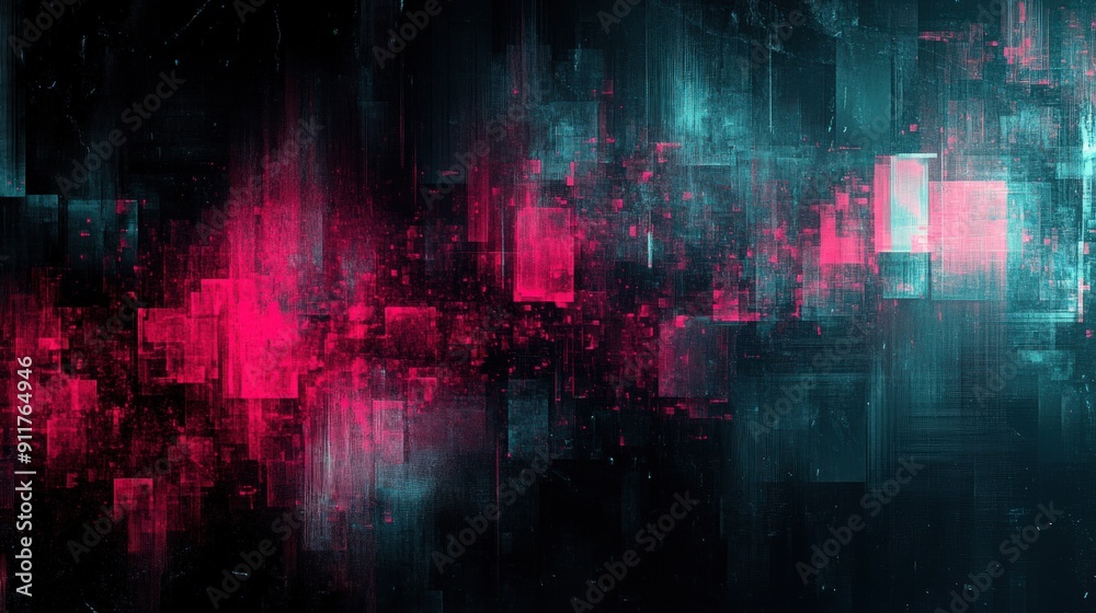 Naklejka premium Digital geometric art with glitchy teal and pink elements on a dark black backdrop, emphasizing abstract mathematical patterns and visual distortions