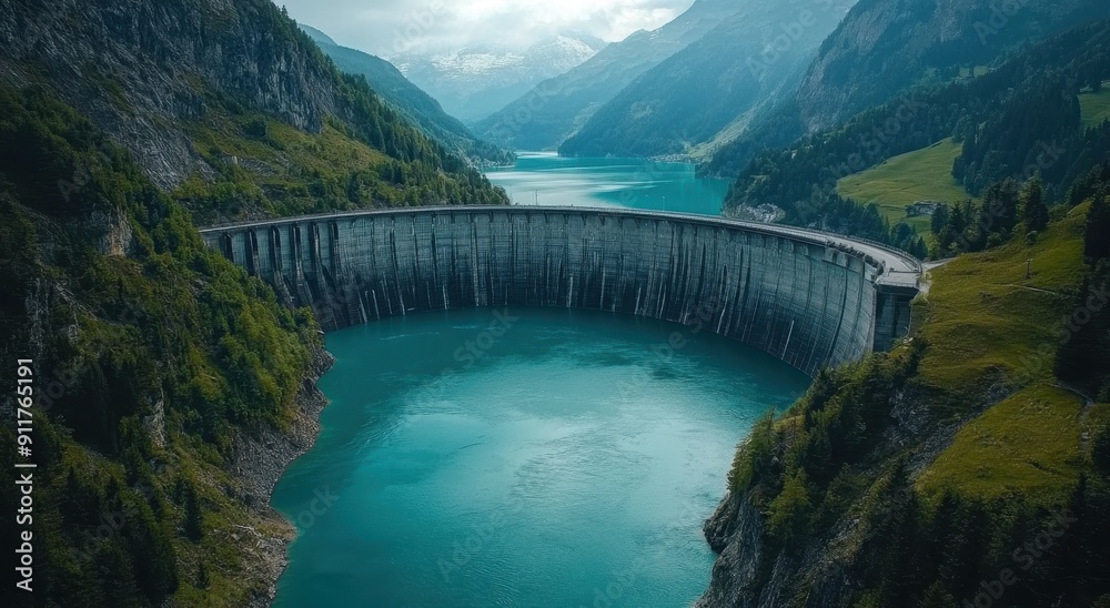 Aerial view of the Vajello dam in Switzerland, with its high and wide wall that towers over an expansive lake, surrounded by mountains. Aerial view of the Vajello dam in Switzerland, with its high and wide wall that towers over an expansive lake, surrounded by mountains.