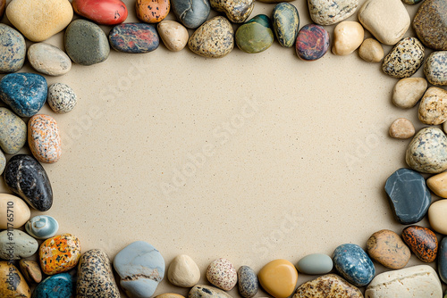 Natural Beauty: Border Assembled from Small Colorful Rocks on a Smooth Base