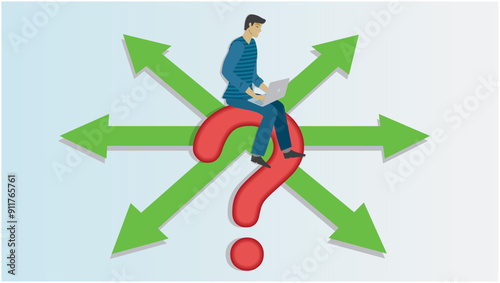 Man uncertain about what road he should choose. Sitting on question mark with arrows with different angels in background. 16:9. Vector illustration.