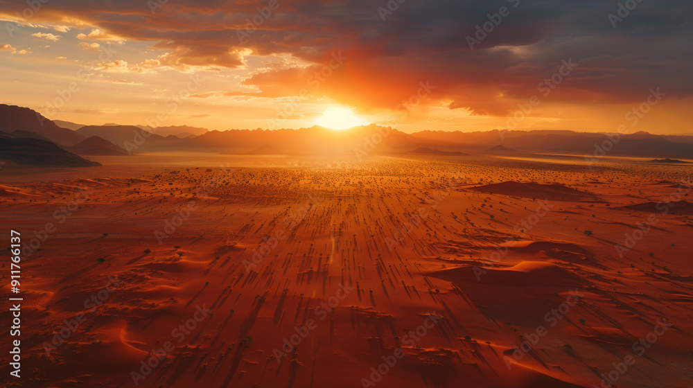Naklejka premium African Desert Sunrise : Stunning Drone Aerial Cinematic Shot Enhanced with AI