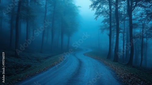 A blue, foggy forest with trees. A road in the center. Scary and creepy in the dark night.