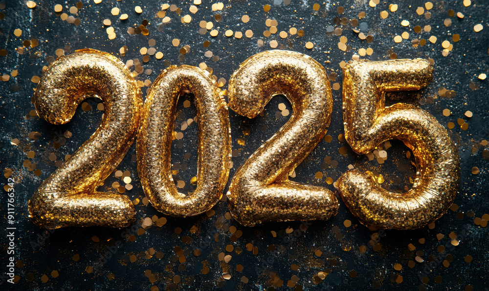 Glittering Gold 2025 Balloons with Festive Confetti on Dark Background. Happy New Year Concept. Glittering Gold 2025 Balloons with Festive Confetti on Dark Background. Happy New Year Concept.