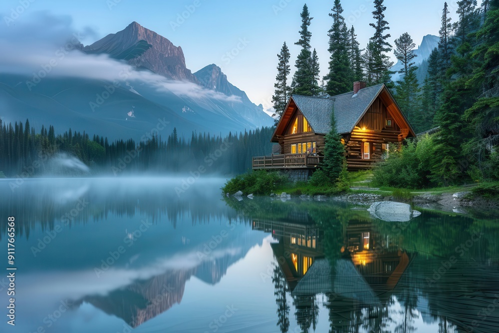 idyllic log cabin retreat mist rising off serene lake at dawn majestic mountains reflected in still waters towering pines framing rustic wooden structure idyllic log cabin retreat mist rising off serene lake at dawn majestic mountains reflected in still waters towering pines framing rustic wooden structure