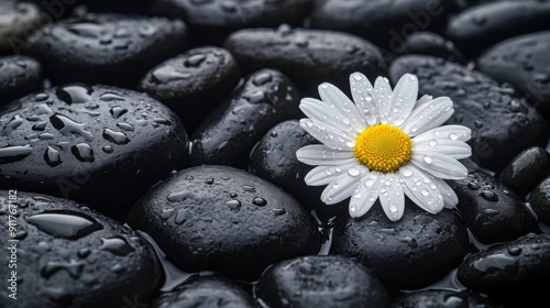 White daisy flower with water droplets resting on smooth black stones. Spa and relaxation concept.