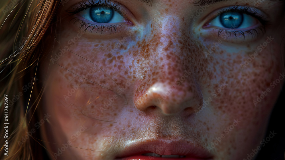 Seductive looking freckled woman face and very smooth skin color, deep blue eyes and straight red hair Seductive looking freckled woman face and very smooth skin color, deep blue eyes and straight red hair