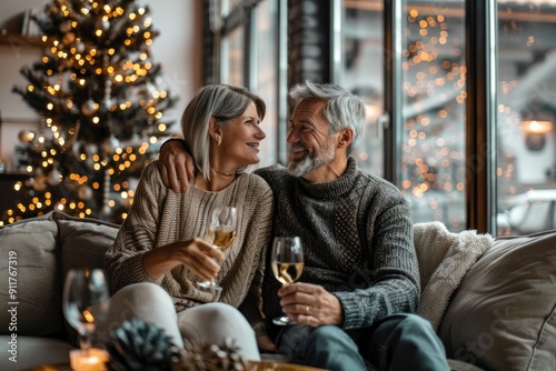 A joyful elderly couple delightedly sharing each others company while enjoying drinks surrounded by festive decorations at home. Merry Christmas, Happy New Year