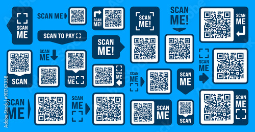 Scan me QR code sticker with text. Online payment. Special offer sale stickers, shopping discount label, promotional badge. Product serial number. Supermarket retail price tag. Vector illustration