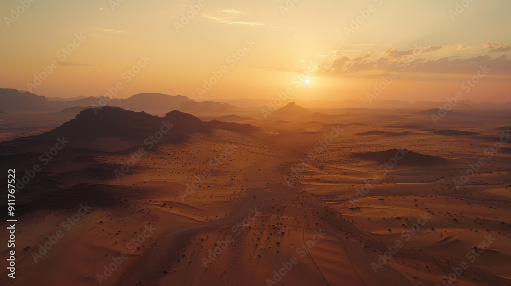 Naklejka premium African Desert Sunrise : Stunning Drone Aerial Cinematic Shot Enhanced with AI
