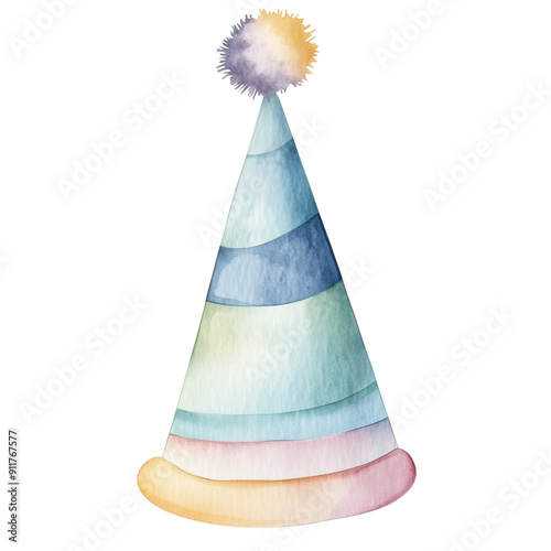 Striped Party Hat in Watercolor - Isolated on White Transparent Background, PNG 