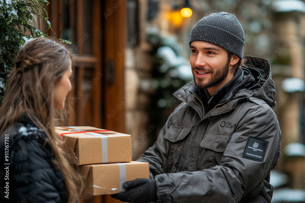 A courier delivering goods to a home, capturing the customer-focused and reliable nature of home delivery services. A courier delivering goods to a home, capturing the customer-focused and reliable nature of home delivery services.