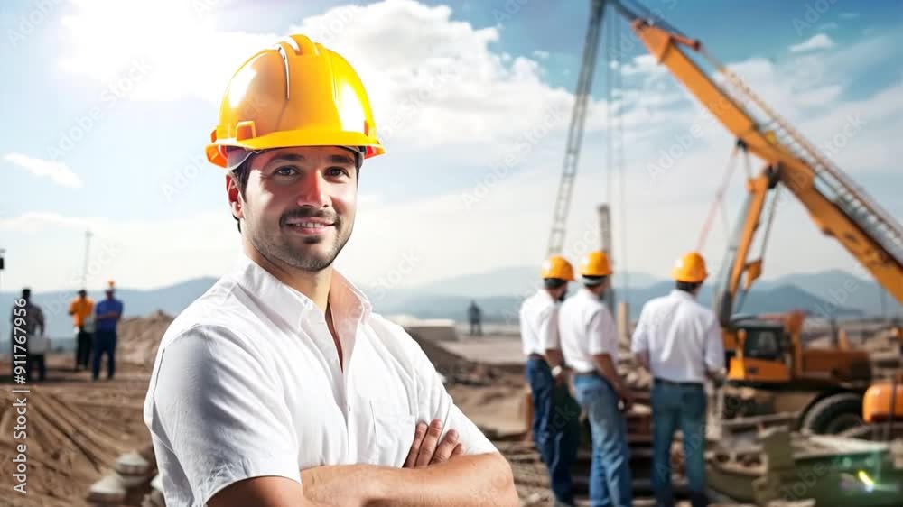 Successful male architect at a building site with arms crossed Successful male architect at a building site with arms crossed