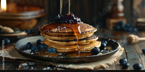 Homemade pancakes drizzled with honey and topped with blueberry jam on a rustic wooden table