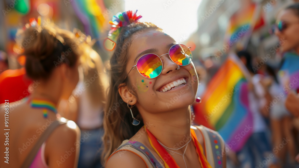 A girl with colorful glasses smiling in the streets for Pride Day surrounded by people A girl with colorful glasses smiling in the streets for Pride Day surrounded by people