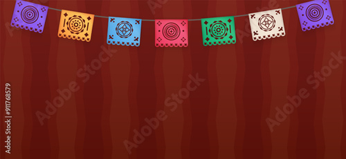 Banner with 3d realistic papel picado, a traditional Mexican decorative craft made of paper cut into intricate designs. Buntings, garlands for celebrations on brown background with hispanic pattern