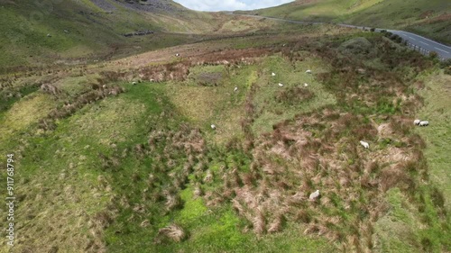 Aerial video over green fields in Mawddwy UK photo