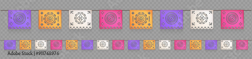 3d realistic papel picado, a traditional Mexican decorative craft made of paper cut into intricate designs. Buntings, garlands for celebrations and festivities isolated on transparent background