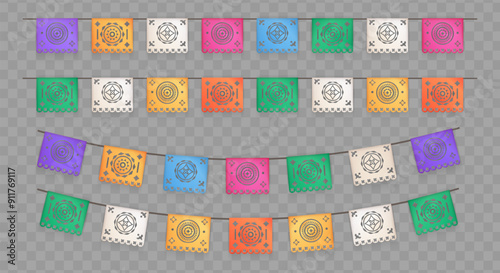 3d realistic papel picado, a traditional Mexican decorative craft made of paper cut into intricate designs. Buntings, garlands for celebrations and festivities isolated on transparent background