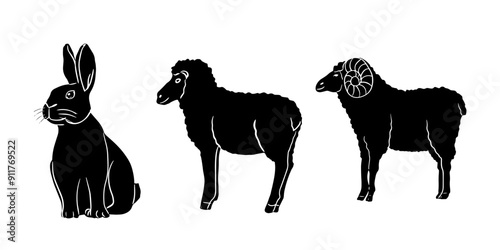 Rabbit, ram, sheep linocut isolated, black and white animals.