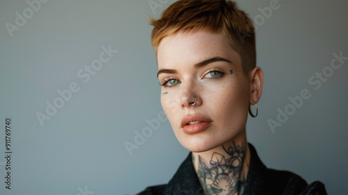 Portrait of young and pretty short, orange haired woman with tattooed and a gray background photo