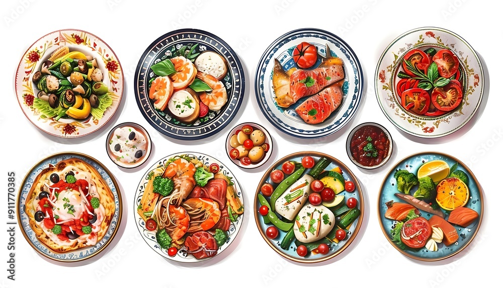 Big set of different meals on a white background. Top view. Big set of different meals on a white background. Top view.