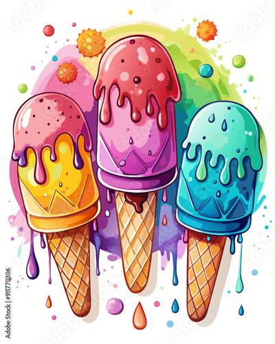 Multiple colorful ice cream cones are arranged in a bunch, each with a different flavor and topped