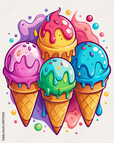 Multiple colorful ice cream cones are arranged in a bunch, each with a different flavor and topped