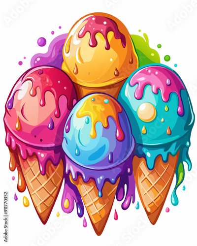 Multiple colorful ice cream cones are arranged in a bunch, each with a different flavor and topped