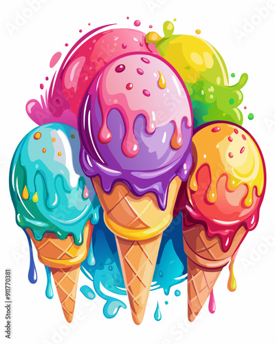 Multiple colorful ice cream cones are arranged in a bunch, each with a different flavor and topped