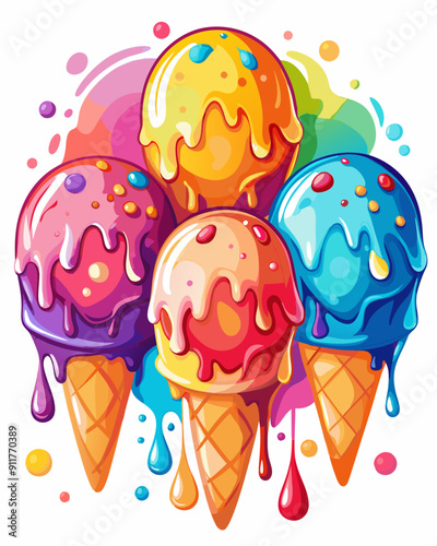 Multiple colorful ice cream cones are arranged in a bunch, each with a different flavor and topped