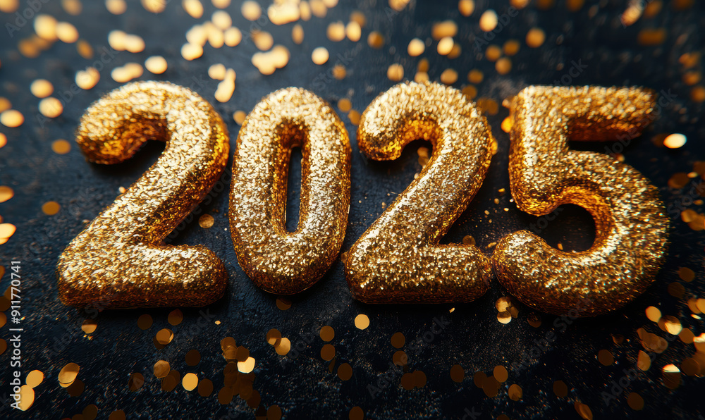 Glittering Gold 2025 Balloons with Festive Confetti on Dark Background. Happy New Year Concept. Glittering Gold 2025 Balloons with Festive Confetti on Dark Background. Happy New Year Concept.