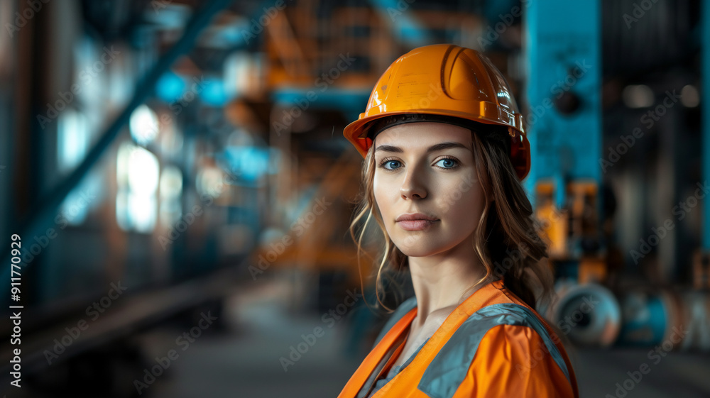 Portrait of a female industrial worker woman wearing helmet inside a factory Portrait of a female industrial worker woman wearing helmet inside a factory