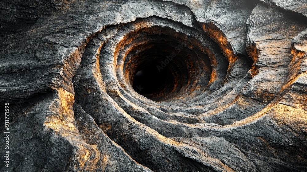 A large hole in the ground with a dark, rocky surface A large hole in the ground with a dark, rocky surface