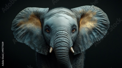 A close up of an elephant's face with a blue ear photo