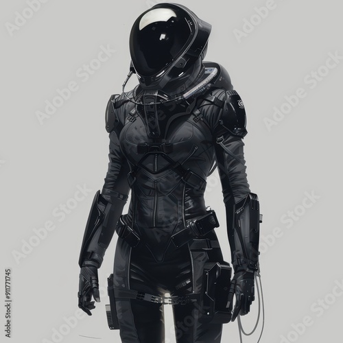 Black Ops: A Futuristic Space Suit - A sleek and powerful silhouette of a female astronaut in a full black space suit, with futuristic details and a mysterious air