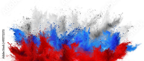 flag of  russia with red blue and white color holi paint powder explosion isolated  white background. russian symbol travel and tourism concept.