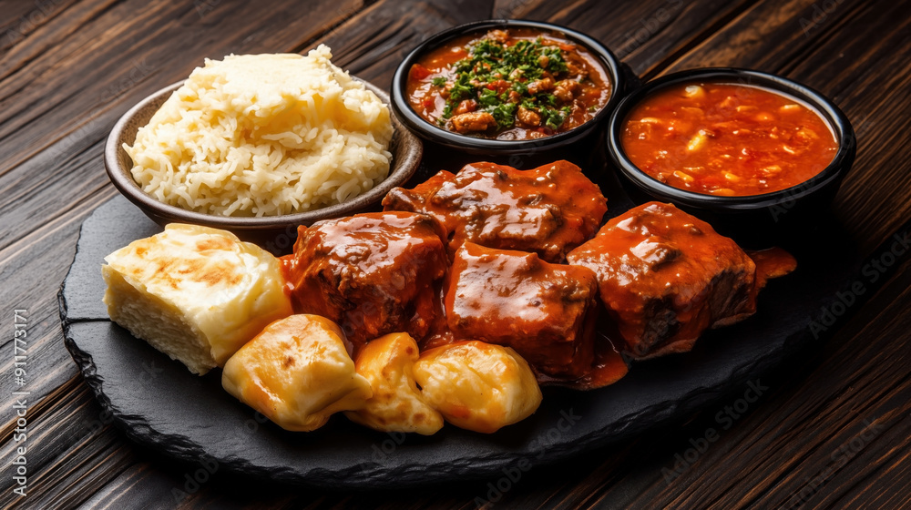 Traditional South African food Bobotie with spiced meat, egg-based topping, rice, bread, cheese-filled sides, and sauces on a black slate platter. Traditional South African food Bobotie with spiced meat, egg-based topping, rice, bread, cheese-filled sides, and sauces on a black slate platter.