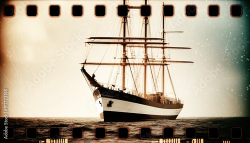 Vintage Voyage: A majestic sailing ship glides through sepia-toned waters, its sails billowing in the wind, evoking a sense of timeless adventure on the high seas, vintage film style