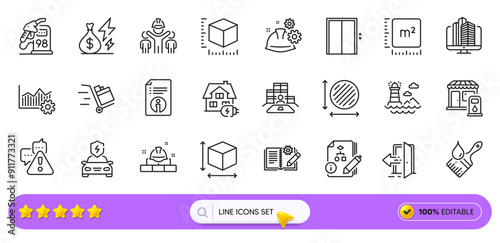 Algorithm, Entrance and Engineering team line icons for web app. Pack of Box size, Push cart, Package size pictogram icons. Square meter, Brush, Working process signs. Circle area. Search bar. Vector