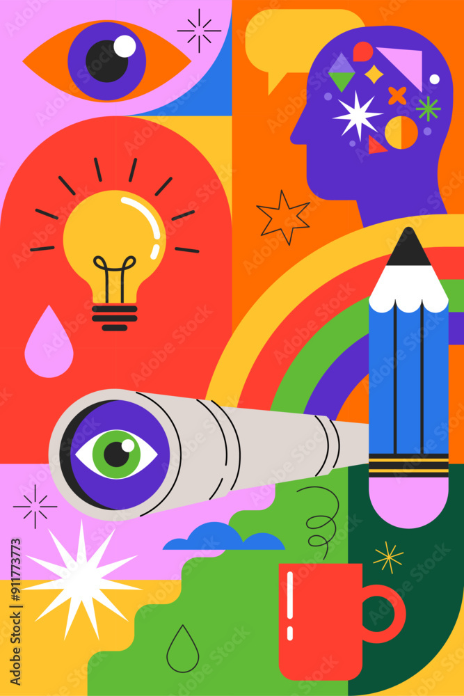 © Marina Zlochin - Idea, thinking out of the box, creativity and design concept background, banner, poster. Geometrical style vector design with light bulb, brain, pencil © Marina Zlochin - Idea, thinking out of the box, creativity and design concept background, banner, poster. Geometrical style vector design with light bulb, brain, pencil