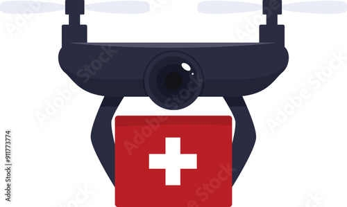 Drone is carrying a red first aid kit with a white cross, representing medical delivery